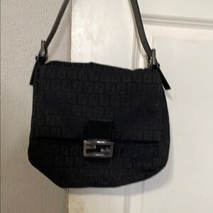 Fendi Black Canvas Zucchino Shoulder Bag Small with Flap Silver Fendi Buckle